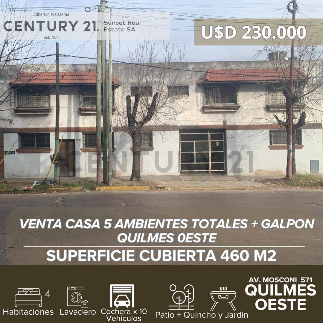 VENTA CASA 5 AMBIENTES TOTALES + GALPON QUILMES